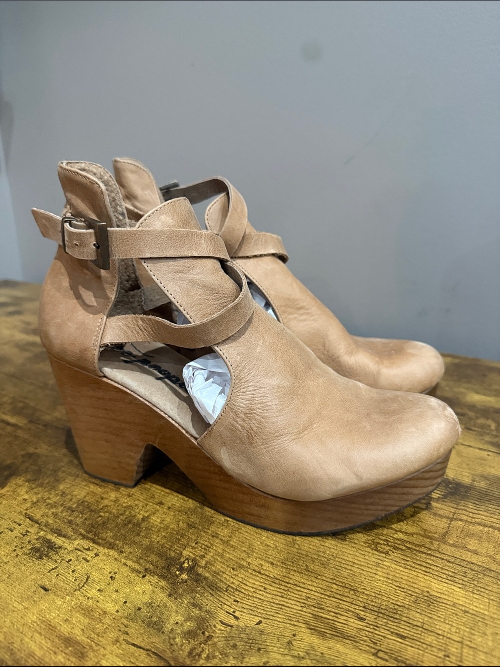 Free People Tan Leather Strappy Platform Heels